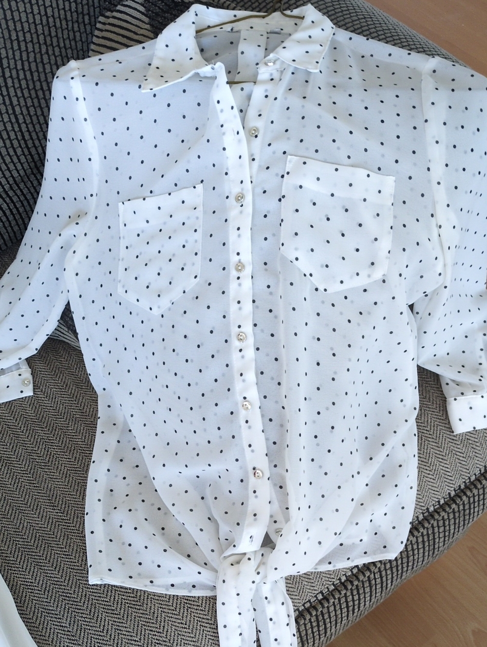 Top White Polka Dot Tie-Front Blouse - Women